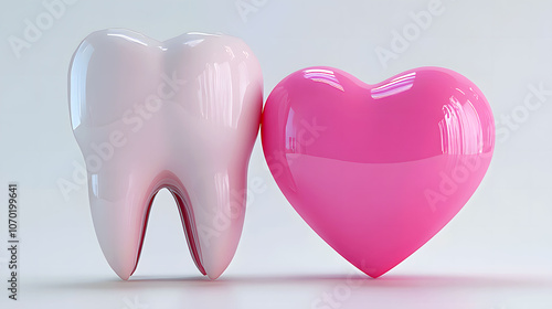 3d white shiny Tooth  with pink Heart isolated on neutral background. Dentistry illustration that conveys love for healthy teeth.  photo