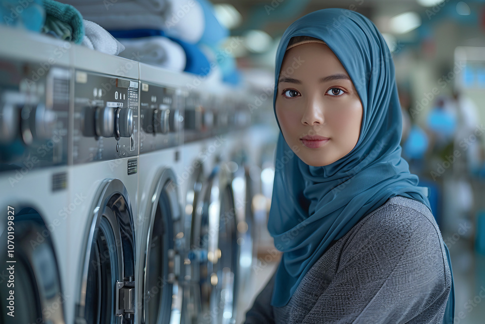 Generative AI Image of a Young Woman Smiling While Doing Laundry in a Bright Setting Generative AI Image of a Young Woman Smiling While Doing Laundry in a Bright Setting