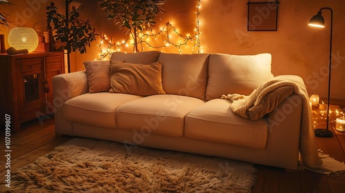 Sunlight streaming into a cozy living room filled with soft cushions and warm blankets