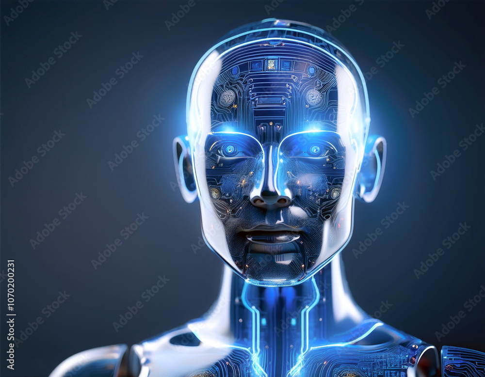 Close-up of an AI robot head with a transparent shell, showing the internal circuitry and glowing blue LEDs Close-up of an AI robot head with a transparent shell, showing the internal circuitry and glowing blue LEDs