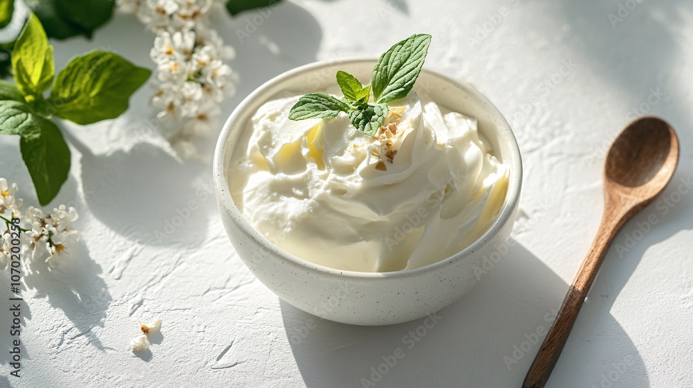 Creamy Delight: Fresh Dairy Treat with Mint Creamy Delight: Fresh Dairy Treat with Mint