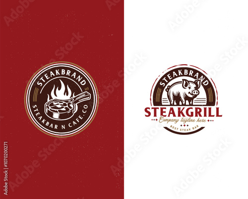 Set vintage pork steak grill pig hot barbecue logo template for food gourmet business