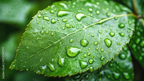 Close-up view of vibrant green leaf adorned with water drops, highlighting the natural beauty and freshness of nature. Ideal for showcasing leaf textures with ample photo space.