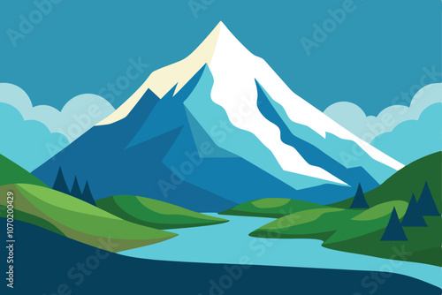 Beautiful mountain view. A large mountain surrounded by a river. Vector