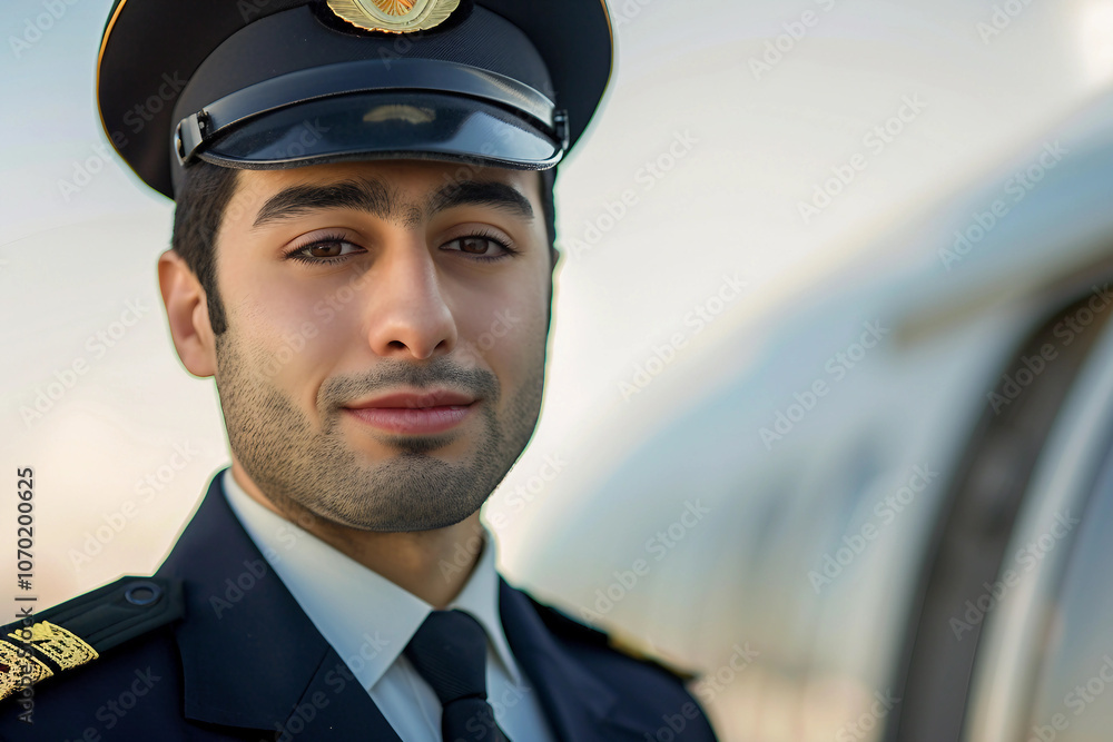 Generative AI portrait of professional airline crew worker steward stewardess pilot in uniform, showcasing service confident expression Generative AI portrait of professional airline crew worker steward stewardess pilot in uniform, showcasing service confident expression