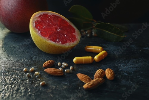 An eye-catching breakfast table displaying fruit, nuts, and vitamin supplements representing diet and supplementation