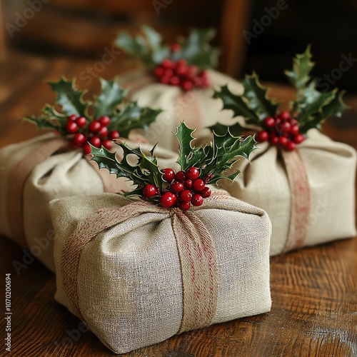 Hand-wrapped gifts in reusable cloth, accented with holly and red berries photo