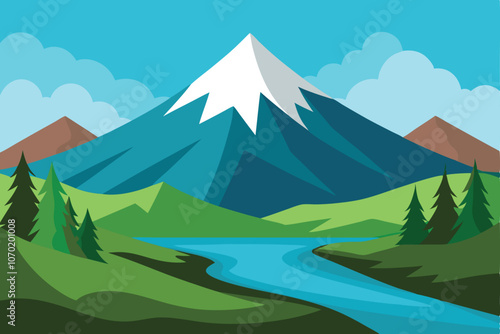 Beautiful mountain view. A large mountain surrounded by a river. Vector