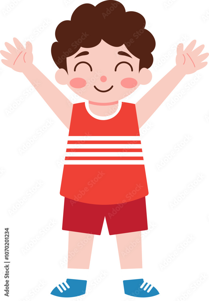 Happy Boy Cheerful Kid Smiling Child Red Outfit Upraised Arms Happy Boy Cheerful Kid Smiling Child Red Outfit Upraised Arms
