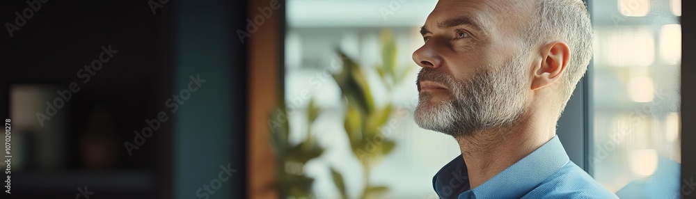 Obraz premium Visionary leader looking out a window, lost in thought, clear focus, warm natural light, high realism