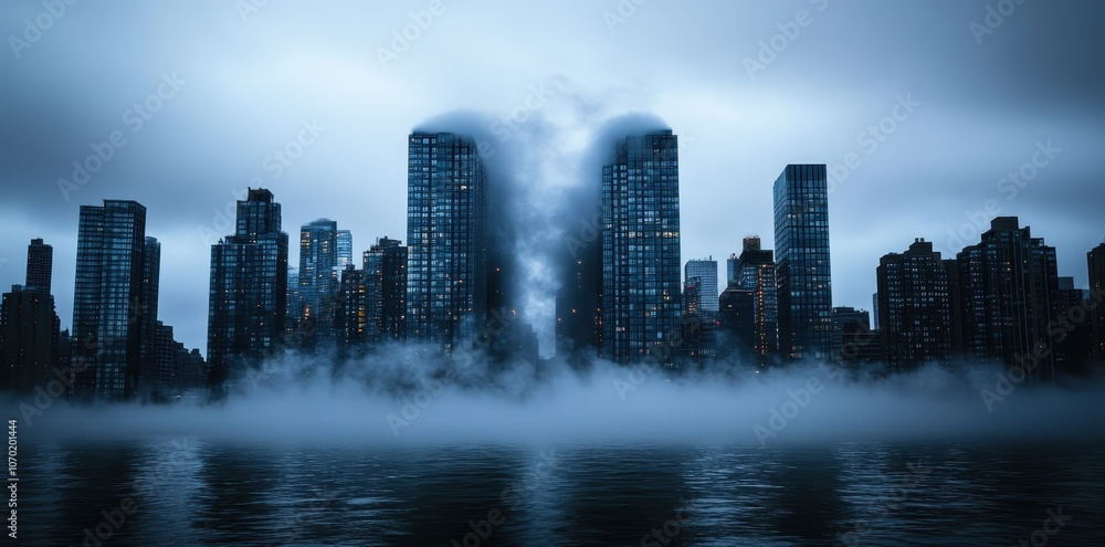 Cityscape Shrouded in Heavy Fog, Creating a Mysterious Atmosphere and Softening Urban Landmarks Cityscape Shrouded in Heavy Fog, Creating a Mysterious Atmosphere and Softening Urban Landmarks