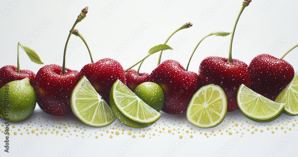 Fototapeta premium Bright cherries and lime wedges against a clean white background with tiny golden dots.