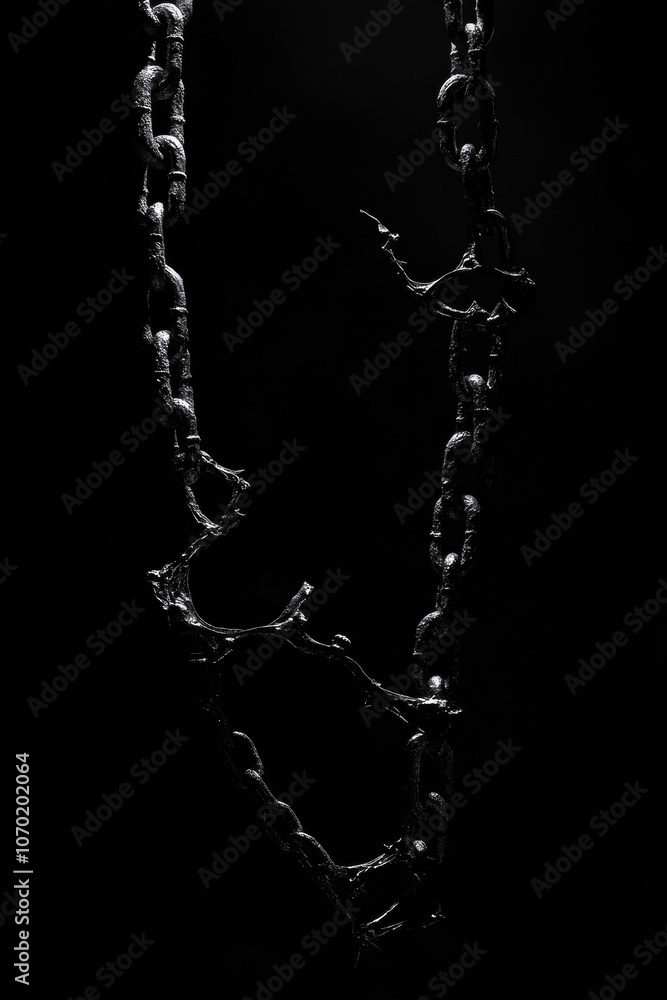 broken chain symbolizes freedom and liberation, showcasing power of breaking free from constraints. dark background enhances dramatic effect broken chain symbolizes freedom and liberation, showcasing power of breaking free from constraints. dark background enhances dramatic effect