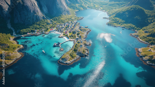 Breathtaking aerial view of Reine in Lofoten highlighting the picturesque landscapes of Norway photo