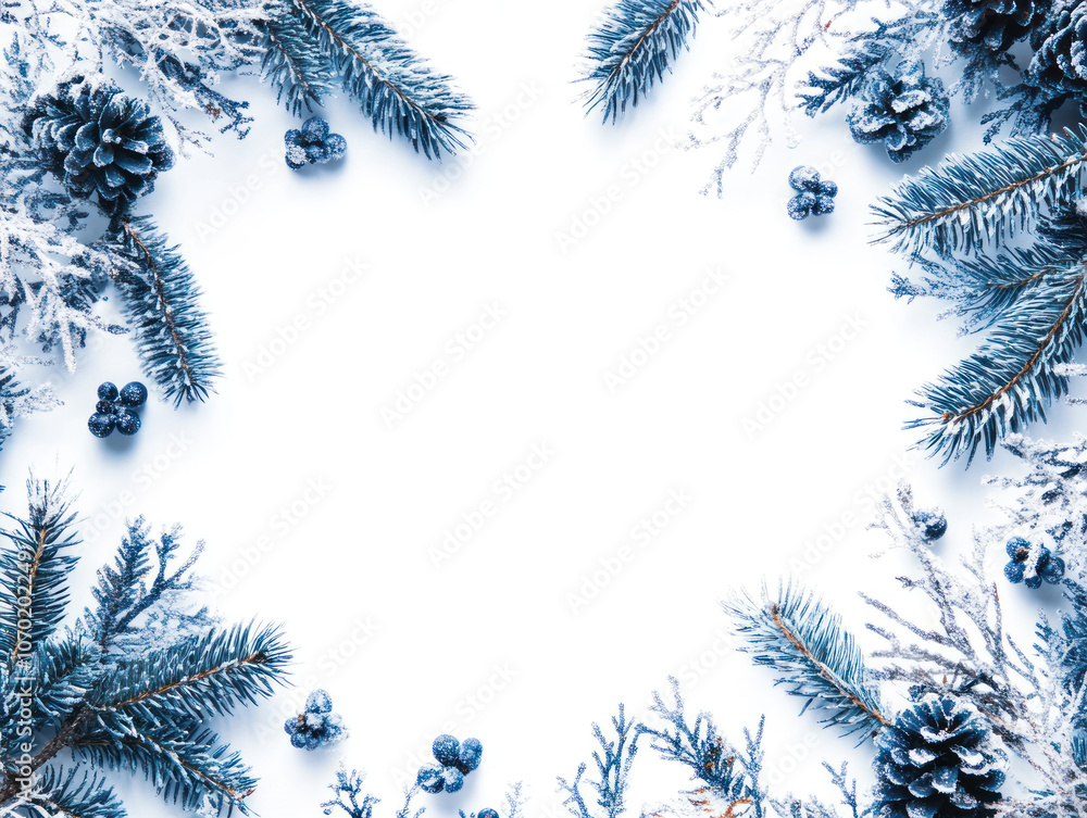 Snowy Blue Christmas Border with Foliage and Pinecones Snowy Blue Christmas Border with Foliage and Pinecones