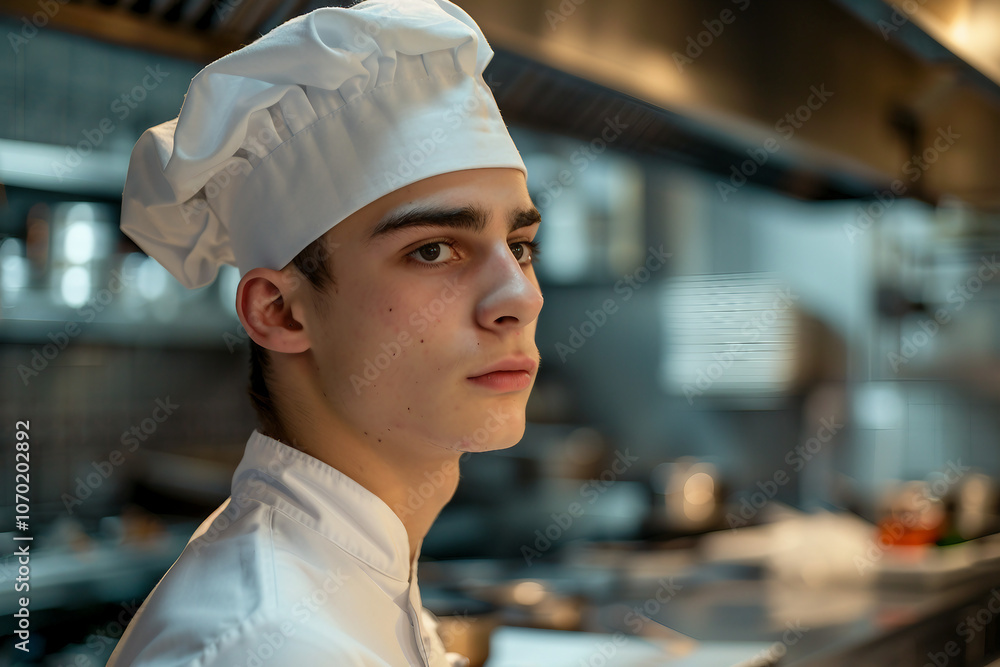 Generative AI Depiction of a Professional Male Chef Working in a Busy Restaurant Kitchen