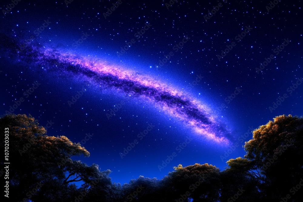 Stunning Spiral Galaxy Overlooking Dark Forest Against Clear Night Sky Stunning Spiral Galaxy Overlooking Dark Forest Against Clear Night Sky