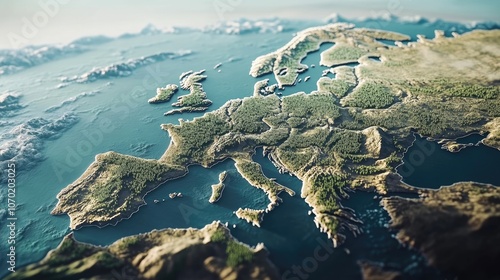 A detailed 3D rendering of the European continent, showcasing its diverse landscapes and coastlines. The intricate details of the terrain and water bodies create a stunning visual.