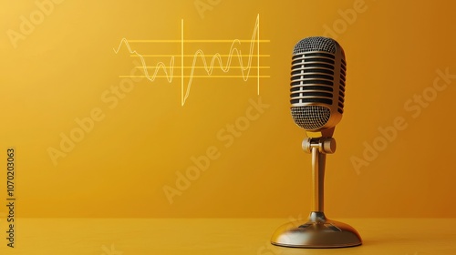 A close-up view of a retro-style golden microphone placed on a yellow background, accompanied by a sound wave graphic, symbolizing the art of sound recording and musical expression