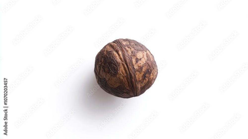 Single walnut with brown peel skin, isolated on a wide white background. This walnut is positioned centrally, casting a soft shadow that enhances its texture and detail. Single walnut with brown peel skin, isolated on a wide white background. This walnut is positioned centrally, casting a soft shadow that enhances its texture and detail.
