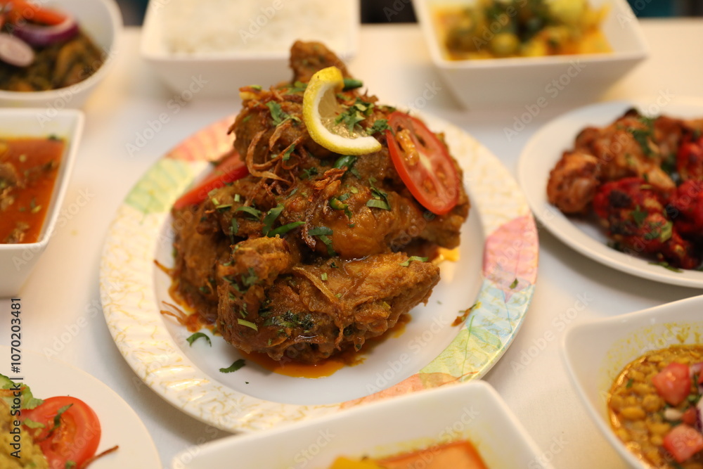 Golden-brown chicken garnished with lemon slices and fresh herbs, alongside various vibrant side dishes presented in white bowls, like rice, a spicy curry, and tangy vegetables. Golden-brown chicken garnished with lemon slices and fresh herbs, alongside various vibrant side dishes presented in white bowls, like rice, a spicy curry, and tangy vegetables.