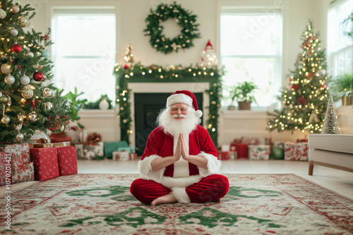 Santa doing yoga, well lit white and green living room with Christmas decorations, closeup photo