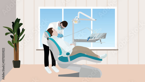 Dentist in dentistry office. Doctor and young man patient in dental chair in hospital. Dental care treatment concept. Healthcare, stomatology clinic.  Patient tooth cleaning.Checkup health teeth. 