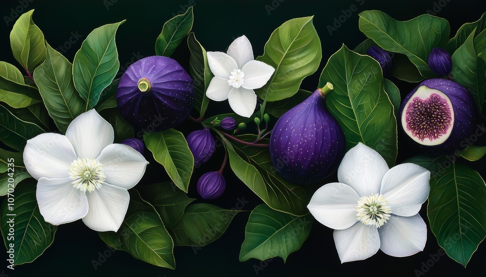 Purple figs and white jasmine flowers with vibrant green leaves, set against a dark forest green background. Purple figs and white jasmine flowers with vibrant green leaves, set against a dark forest green background.