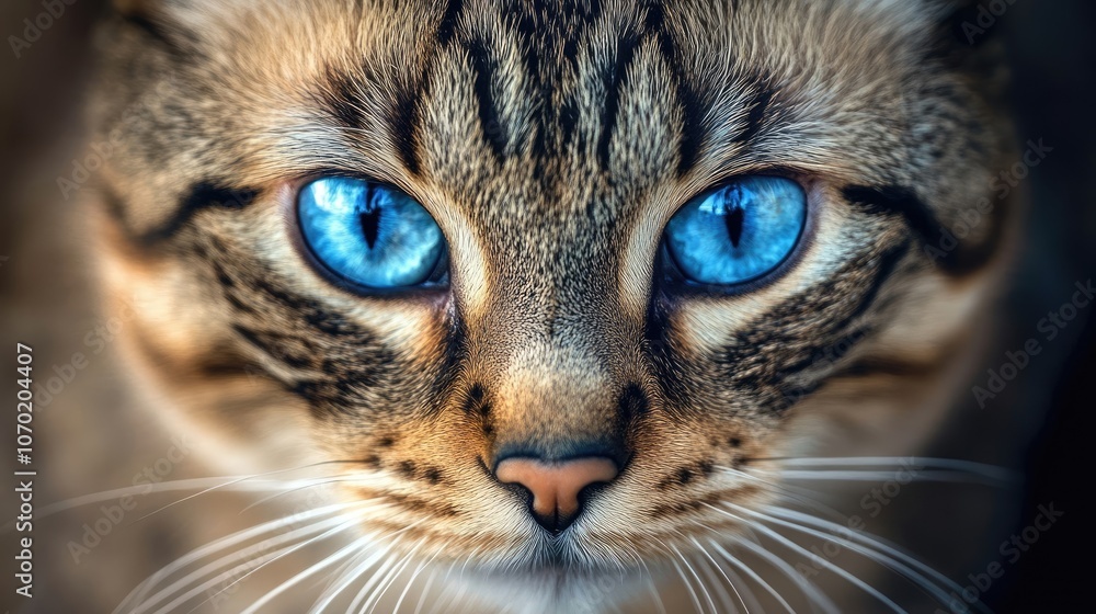 Cat with striking blue eyes and a spotted face, displaying its unique features in a captivating portrait style, ideal for capturing attention with plenty of copy space. Cat with striking blue eyes and a spotted face, displaying its unique features in a captivating portrait style, ideal for capturing attention with plenty of copy space.