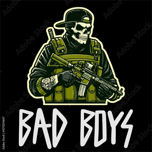 Illustrator Vector Sticker of Skull man with tactical Style grab a Weapon 