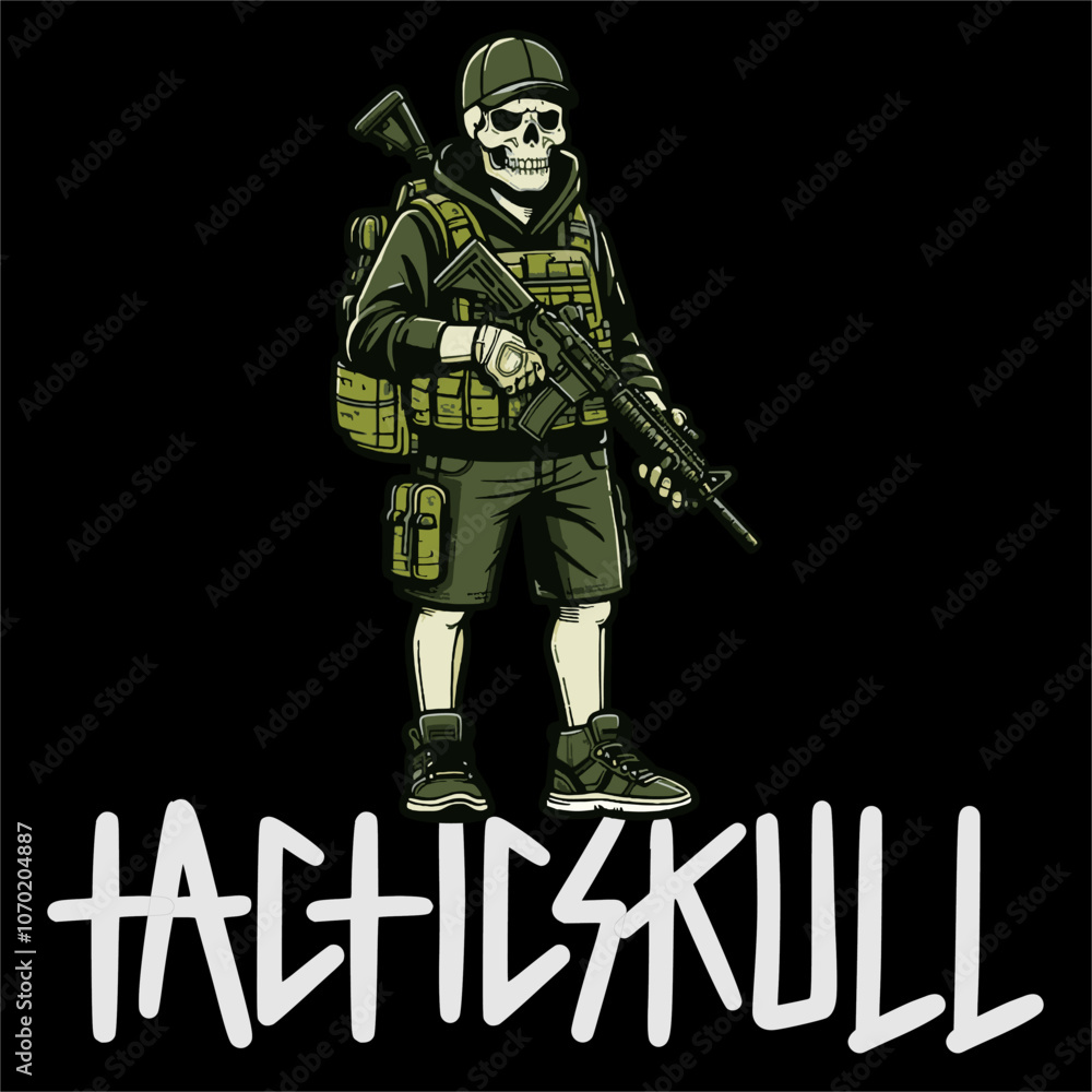 Obraz premium Illustrator Vector Sticker of Skull man with tactical Style grab a Weapon 