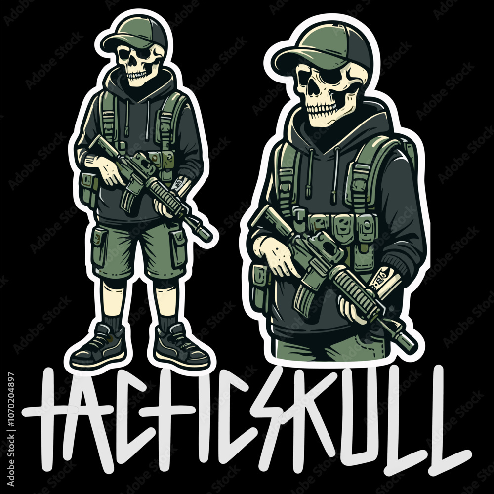 Illustrator Vector Sticker of Skull man with tactical Style grab a Weapon Illustrator Vector Sticker of Skull man with tactical Style grab a Weapon