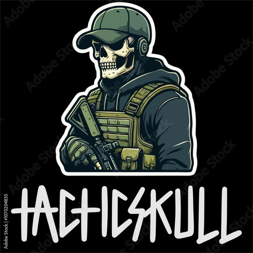 Illustrator Vector Sticker of Skull man with tactical Style grab a Weapon 