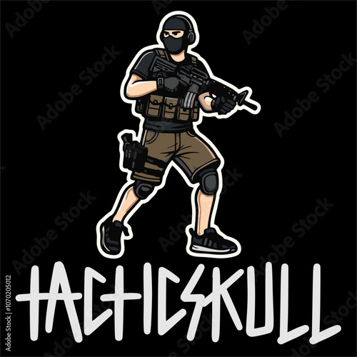 Illustration sticker vector of People wear tactical vest combat with weapon 