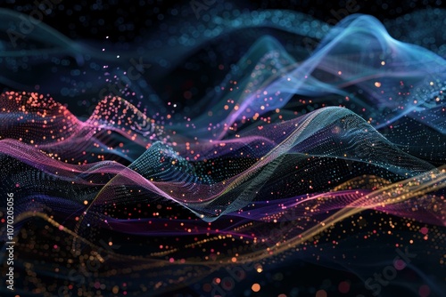 Abstract colorful particles flowing forming wavy lines structure on black background