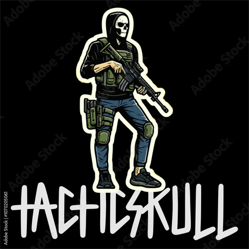 Illustrator Vector Sticker of Skull man with tactical Style grab a Weapon 