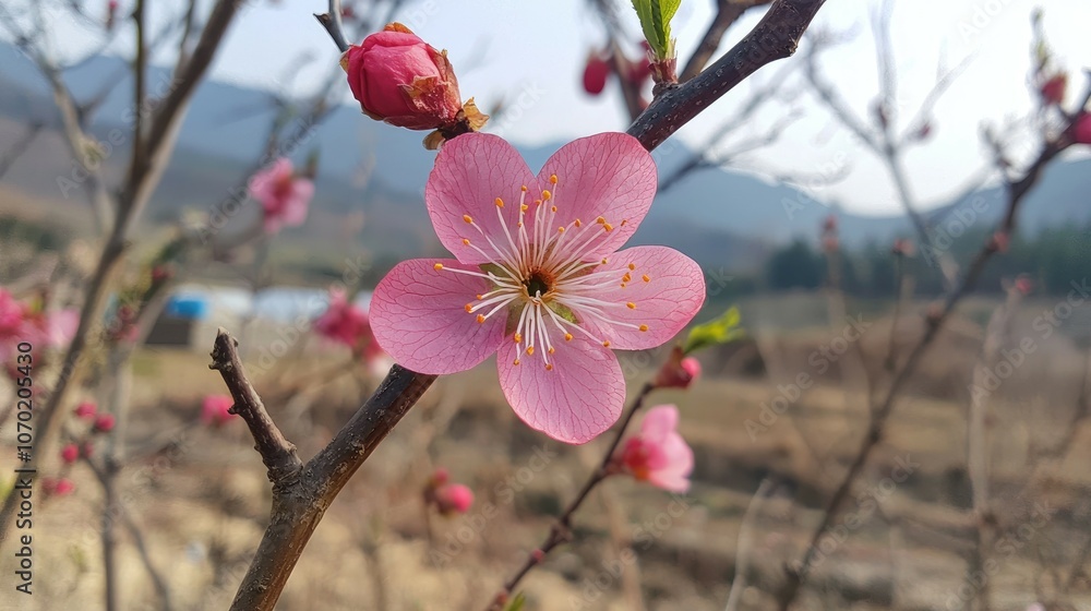 A single pink peach blossom in full bloom on a branch, with other buds and flowers in the background. A single pink peach blossom in full bloom on a branch, with other buds and flowers in the background.