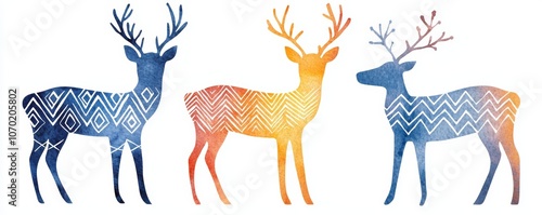 Watercolor reindeer with antlers painted in a mix of warm and cool tones, featuring Southwestern tribal patterns and zigzags. photo