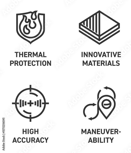 Modern UAV and weapons benefits thin icons set in bold line