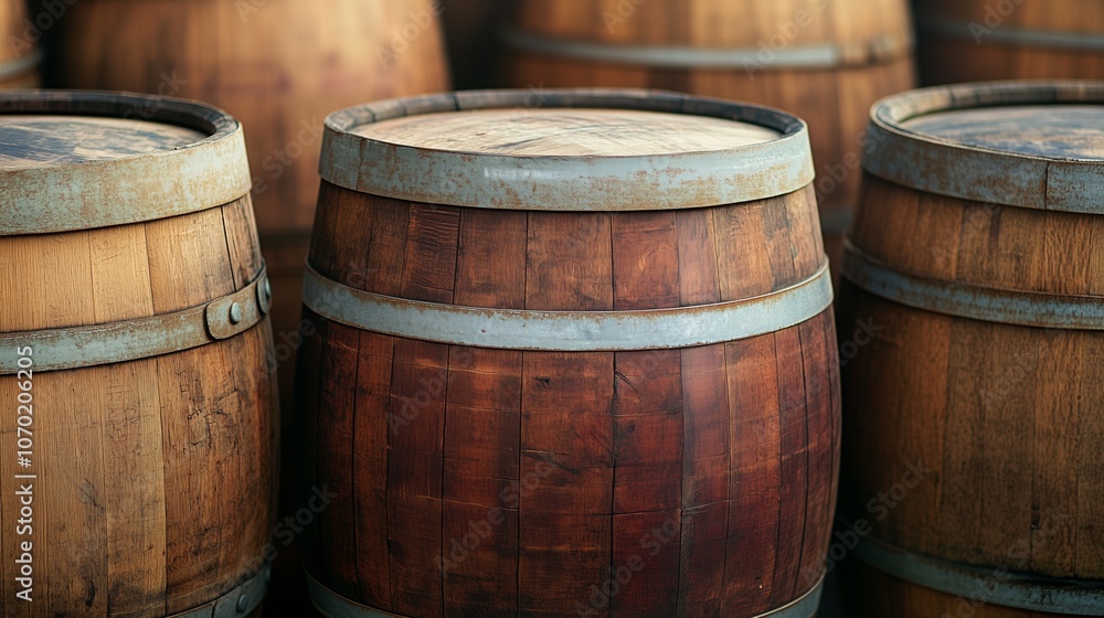 Wooden barrels stacked together at a rustic location, showcasing natural textures and craftsmanship during daylight hours Wooden barrels stacked together at a rustic location, showcasing natural textures and craftsmanship during daylight hours