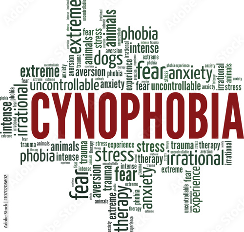 Cynophobia: Fear of Dogs word cloud conceptual design isolated on white background.