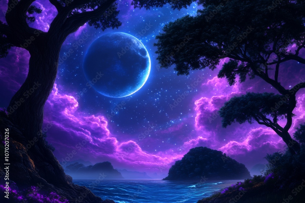 Mystical Ocean Landscape Under a Bright Moon with Colorful Clouds at Night Mystical Ocean Landscape Under a Bright Moon with Colorful Clouds at Night