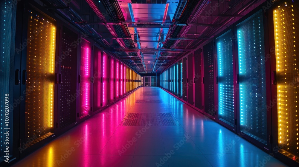 A vibrant image of a cloud data center with server racks and fiber optic cables, representing the infrastructure that supports cloud-based telecommunications services for global connectivity A vibrant image of a cloud data center with server racks and fiber optic cables, representing the infrastructure that supports cloud-based telecommunications services for global connectivity