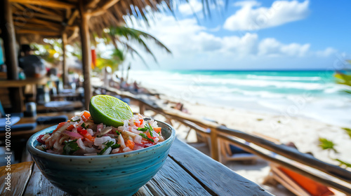 Bowl of ceviche with lime, served on a table at a coastal restaurant in Tulum, ocean waves and sandy beach in the background