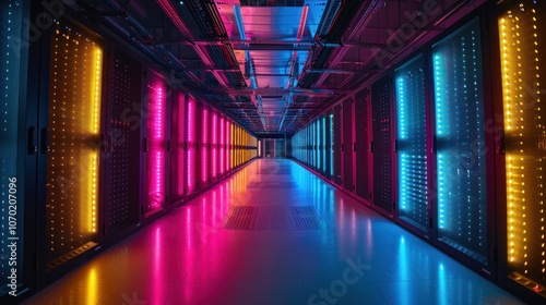 A vibrant image of a cloud data center with server racks and fiber optic cables, representing the infrastructure that supports cloud-based telecommunications services for global connectivity