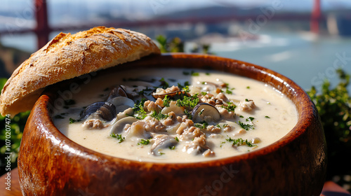 Clam chowder in a sourdough bowl, served on a table with views of San Francisco s Golden Gate Bridge photo