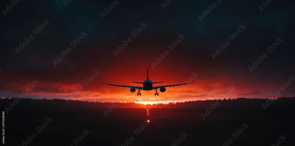 Airplane Silhouette Gliding Through a Fiery Sunset Sky, Capturing the Beauty of Evening Travel Airplane Silhouette Gliding Through a Fiery Sunset Sky, Capturing the Beauty of Evening Travel