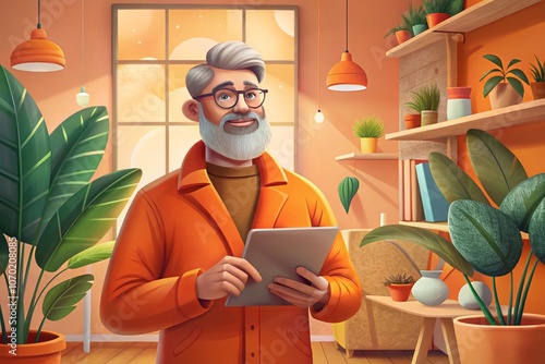 Orange-themed room illustration A middle-aged Caucasian man with a thick beard, wearing glasses.with potted plants.