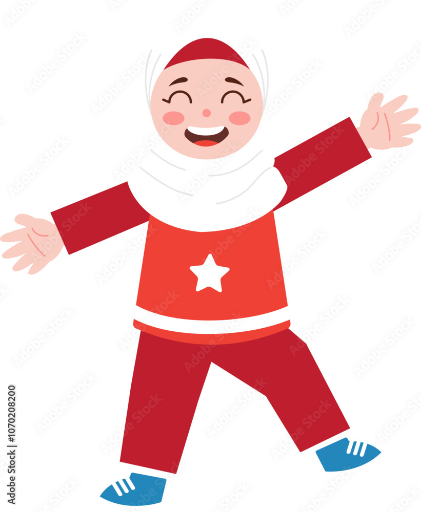 Happy Muslim Girl Child in Red Outfit Smiling Welcoming Happy Muslim Girl Child in Red Outfit Smiling Welcoming