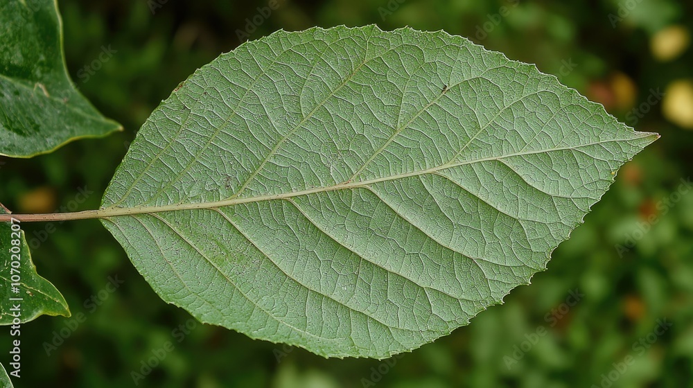 A single, green leaf with veins and a serrated edge, isolated against a blurred background. A single, green leaf with veins and a serrated edge, isolated against a blurred background.